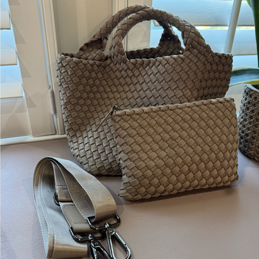 Naghedi Taupe Woven Tote and Pouch Set